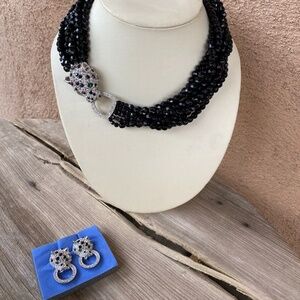 VTG 1980s Multi Strand Rhinestone Leopard Necklace + Earrings KJL for Ni…